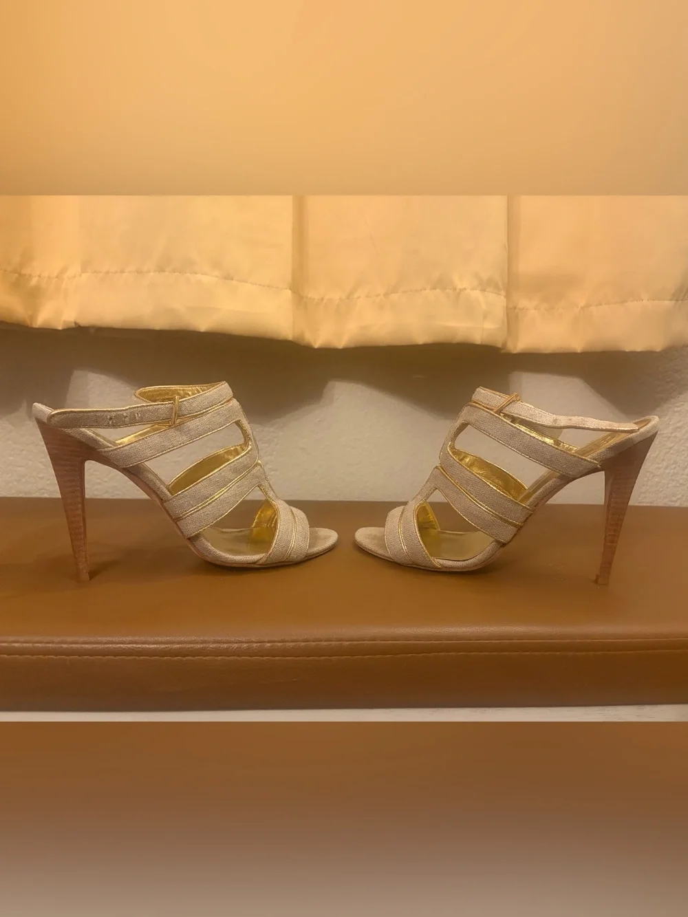 Tory Burch Beige and Gold Strappy Heeled Sandals